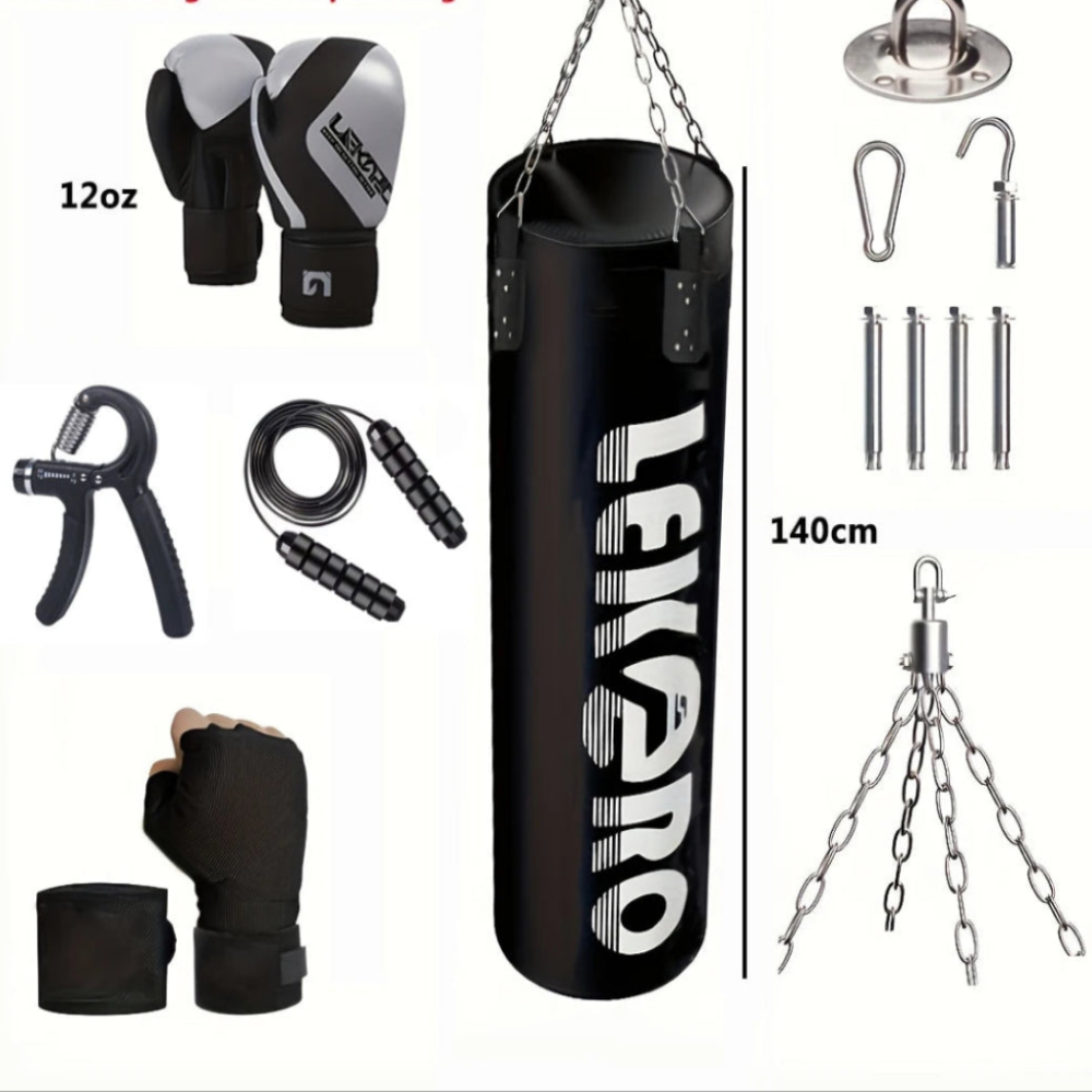 Sac de frappe noir 140 cm boxe anglaise avec accessoires
